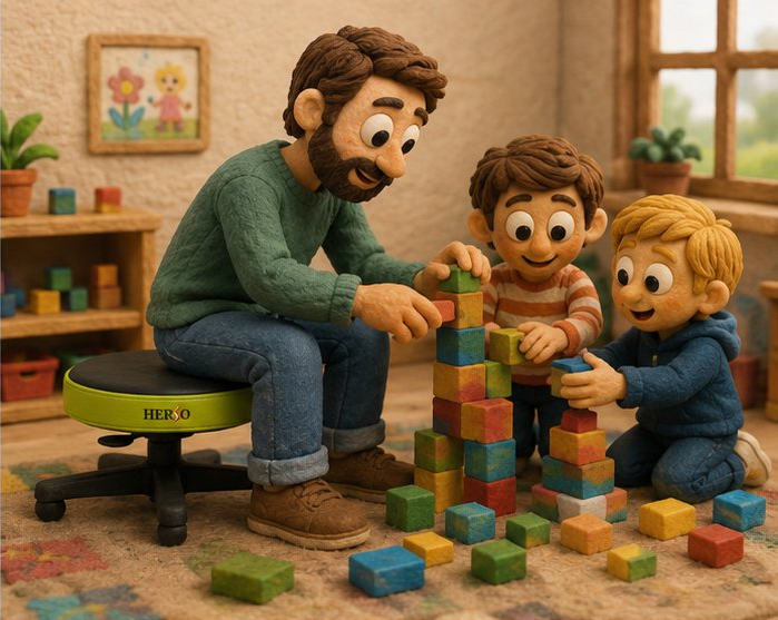 Erzieher baut mit Kindern in der Bauecke